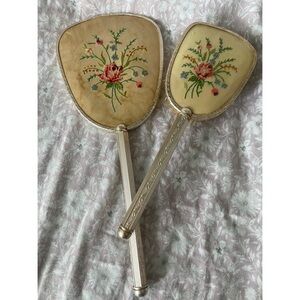 Vintage Floral Embroidered Hand Mirror and Brush Set